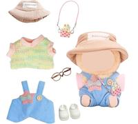 6 Pcs Dolls Clothing Compatible for Labu, Colorful Short Sleeve Shirt Overall with Five-Pointed Star Hat Glasses Bag for the 17cm Mini Plush Dolls, Best Gifts for Girls Boys