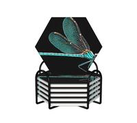 6 Pcs Dragonfly Black Ceramic Coasters With Holder Best Absorbent Drink Coasters Hexagon Ceramic Table Coasters Set Decorative Coffee Cup Beverage Coasters Wine Beer Bar Coasters