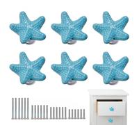 6 PCS Drawer Handles with 4 Sizes Screws, Coastal Ceramic Kitchen Handles, Starfish Drawer Knobs, Cupboard Door Handle for Dresser Bathroom and Kitchen, Beach Ocean Theme Cabinet Knobs, Blue