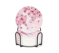 6 Pcs Drink Coasters with Holder, Pink Cherry Blossom Flowers Absorbent Round Ceramic Coaster for Tabletop Protection, Home Decor Coasters for Coffee Cup Beverage Wine Beer Bar