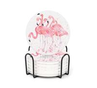 6 Pcs Drink Coasters with Holder, Tropical Pink Watercolor Flamingos Absorbent Round Ceramic Coaster for Tabletop Protection, Home Decor Coasters for Coffee Cup Beverage Wine Beer Bar