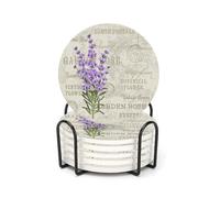 6 Pcs Drink Coasters with Holder, Vintage Lavender Flowers Plant Absorbent Round Ceramic Coaster for Tabletop Protection, Home Decor Coasters for Coffee Cup Beverage Wine Beer Bar
