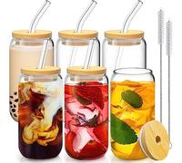 6 Pcs Drinking Glasses with Bamboo Lids and Glass Straw - 16 Oz Can Shaped Glass Cups for Beer, Ice Coffee, Cute Tumbler Cup Great for Soda Boba Tea Cocktail Include 2 Cleaning Brushes
