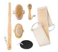 6 PCS Dry Brushing Body Brush Set - Wooden Long Handle Body Brush Set with Pumice Stone & Face Brush & Exfoliating Washcloth, Boar Bristle Body Bath Scrubber Brush for Shower Exfoliation, Detachable