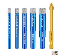 6 PCS Dry Diamond Drill Bits, Porcelain Tile Drill Bit Set - 5mm, 6mm, 8mm, 10mm, 12mm, Carbide for Granite Ceramic Marble Tile Stone Glass, No Water Required, Cooling Wax, High-Temperature Resistant