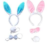 6 Pcs Easter Bunny Ears bunny costume adult set blue White and Pink Rabbit Plush rabbit ears Nose Bow tie Fancy Dress Costume Accessory Easter Halloween Christmas for Men and women Kids Cosplay Party