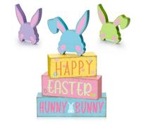 6 Pcs Easter Table Decor Happy Easter Hunny Bunny Spring Farmhouse Wooden Stacked Block Signs with Cute Pastel Bunny Ears Rabbit Party Tiered Tray Decoration for Home Kitchen Office Gift