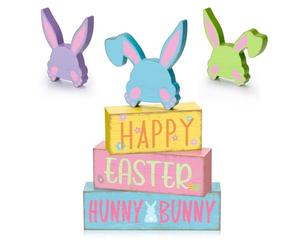 6 Pcs Easter Table Decor Happy Easter Hunny Bunny Spring Farmhouse Wooden Stacked Block Signs with Cute Pastel Bunny Ears Rabbit Party Tiered Tray Decoration for Home Kitchen Office Gift