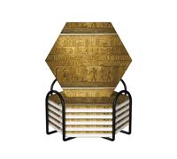 6 Pcs Egypt Hieroglyphics Print Ceramic Coasters With Holder Best Absorbent Drink Coasters Hexagon Ceramic Table Coasters Set Decorative Coffee Cup Beverage Coasters Wine Beer Bar Coasters
