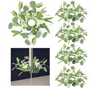 6 PCS Eucalyptus Taper Candle Rings Wreaths 1.38" Mini Spring Summer Floral Taper Candle Holder Wreaths Green Artificial Flower Table Centerpieces Wreath for Church Farmhouse Home Candlesticks Decor