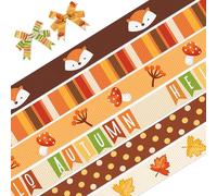 6 PCS Fall Grosgrain Ribbons 3/8" Fall Thanksgiving Decor Ribbons 5 Yards, Leaves Fox Hello Autumn Craft Ribbons for Fall Thanksgiving Party Favor Decoration Holiday Gift Packaging DIY Supplies