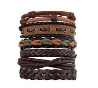 6 Pcs Father's Day Men's Leather Bracelet Adjustable Punk Braided Leather Bracelets Rope Personalised Fashion Wristbands Multi-Layer Cuff Vintage Bracelets Wrap Set Series Gift for Men Women, Brown