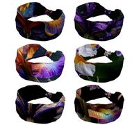6 PCS Fleur de Lis Iris (8) Women Headbands Wide Hair Wrap Extra Turban Head Bands for Lady Large Sport Workout Stretch Non-slip Big Hair Bands