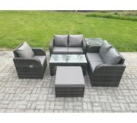 Fimous 6 PCS Garden Furniture set Rattan Outdoor Lounge Sofa Table Chair With Tempered Glass Table Dark Grey Mixed