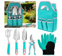 6 Pcs Garden Tools Set Aluminium Alloy Gardening Kit with Trowel Shovel Hand Rake Pruning Shear Protective Gloves and Storage Bag Indoor Outdoor Plant Tools