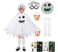 6 PCS Ghost Costume Kids, Ghost Outfit with Cape Glow in The Dark Tattoos Novelty Glasses Pumpkin Bag White Stockings, Halloween Costumes Kids for Trick or Treat Carnival Halloween Party Cosplay