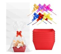 6 Pcs Gift Baskets, 25x20x11.5cm, Hamper Baskets for Gifts Empty, Kraft Containers with 6 Clear Bags and 6 Pull Bows, Storage Basket with Handles, Present Basket for Wedding Party Favors (Red)