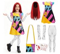 6 Pcs Girls Sa-lly Costume Halloween Christmas Before Cosplay Dress with Red Wig Sleeves Elasticated Trousers Bag Tattoo Stickers Set for Kids 115-155cm