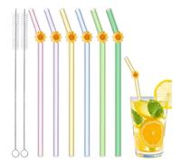 6 Pcs Glass Straws with 2 Cleaning Brushes, Cute Colorful Sunflower Glass Straw Shatter Resistant, Reusable Straws for Coffee Lover, Milkshake, Smoothies, Juice, Sunflower Gift