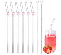6 PCS Glass Straws with Different Charms, Cute Reusable Straws with 2 PCS Cleaning Brush, Bent Glass Straw for Smoothies Cocktail Juice Coffee Milkshakes, 20cm (Colour 3)