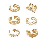 6 Pcs Gold Chunky Rings for Women 18K Gold Plated Ring Set Bohemian Stackable Rings Stainless Steel Knuckle Open Ring Adjustable Love Knot/Leaf/Flower Wreath Thumring (Gold)