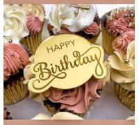 6 Pcs Gold Happy Birthday Cupcake Disc Toppers, Acrylic Topper, Cake Toppers, Decorations.