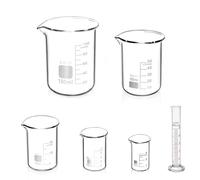6 Pcs Graduated Borosilicate Glass Beaker and 1 Pcs Graduated Cylinder, 5ml 10ml 25ml 50ml 100ml Set for Students, Home Science & Professional Use