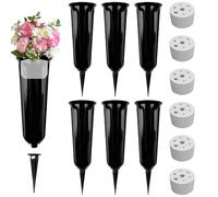 6 PCS Grave Vases with Spike, Grave Flower Pots Detachable, Memorial Vases for Graves, Plastic Grave Flower Holders with Base, Grave Ornaments for Fresh or Artificial Flowers (Black)