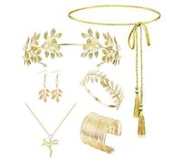 6 Pcs Grecian Goddess Costume Accessories Set for Women Golden Laurel,Greek Goddess Costume Accessories Set,Elegant Toga Outfit with Gold Laurel Crown, 2 Gold Leaf Bracelets, Pearl Earrings, and Olymp