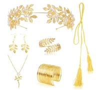 6 Pcs Grecian Goddess Costume Accessories Set for Women Golden Laurel,Greek Goddess Costume Accessories Set,Elegant Toga Outfit with Gold Laurel Crown, 2 Gold Leaf Bracelets, Pearl Earrings, and Olymp