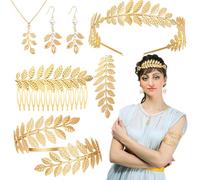 6 Pcs Greek Goddess Costume Accessories Set for Women Girls, Ancient Roman Toga Fancy Dress with Golden Leaf Headpiece Laurel Leaf Armband Necklace Earrings Leaves Hair Comb for Party Bridal Wedding