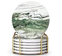 6 Pcs Green Ceramic Coasters with Holder Round Cool Drink Best Modern Absorbent Coaster Set for Coffee Table, Art Decorative Coasters, Bar, Farmhouse, Outdoor Cup Coaster Gifts