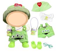 6 Pcs Green Doll Clothes for 17cm Dolls, Dolls Eyed Monster Dolls Outfit Accessories Sets Include T-shirt Bib Pants Hat Shoes Pendant Frame Girls Boys for Best Gifts, No Doll