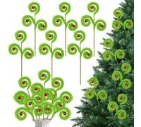 6 PCS Green Furry Christmas Tree Picks, Giyiprpi 17'' Spiral Curly Sprays Ornaments with Bells, Xmas Artificial Stems for Christmas Tree Topper Filler Branches Home Wreath Party Decorations Gifts