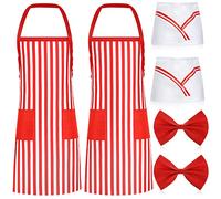 6 Pcs Halloween 1950s Waiter Costume Kit Soda Jerk Costume Red White Striped Apron 2 Pockets Chef Hat Bow Ties(Adult Size), Red and White, Adult Size