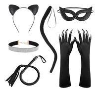 6 Pcs Halloween Cat Woman Costume Accessories, Glitter Black Cat Cosplay Costume Outfit for Women, Faux Leather Whip Cats Mask Tail Claw Gloves Necklace Hairband Set for Halloween Party Supplies