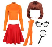 6 PCS Halloween Costume Set Include RSkater Skirt Crop Top Socks Glasses Magnifier WIg for Characters Dress Up, Orange, Medium