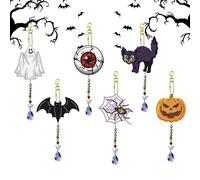 6 Pcs Halloween Diamond DIY Painting Suncatcher Pumpkin Ghost Bat 5D Diamond Art Sun Catchers Kits Rhinestone Keyrings Art Painting Ornament Crystal Hanging Pendant for Home Window Garden Car Decor