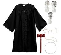 6 Pcs Halloween Judge Costume Accessory Judge Robe Pearl Necklace Wooden Gavel Wig Glasses and Eyeglass Chain Set for Women Adult Halloween Party Cosplay Party Favor Career Day Dress Up