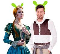 6 Pcs Halloween Monster Princess Costumes Accessories Include Green Man Vest Belt Headband Long Braided Wig with Crown for Adult Women Men Couple Halloween Character Cosplay Dress up Party Supplies