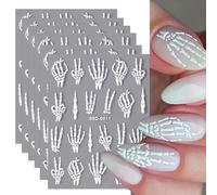 6 pcs Halloween Nail Stickers 5D Skeleton Hand Sheets Halloween Nail Art Decals White 3D Bone Design Wraps for Spooky Haloween Manicure DIY Decorations for Women Girls Salon Home Decor