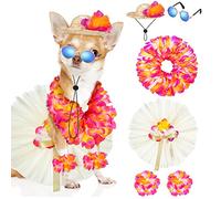 6 Pcs Halloween Pet Dog Hawaiian Costume Includes Tutu Skirt Sunglasses Summer Grass Dresses with Straw Hat and Garland Pet Outfit Costumes for Puppy Hawaii Luau Party Supplies