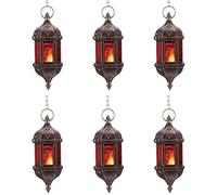 6 Pcs Hanging Hexagon Decorative Moroccan Candle Lantern Holders, Handmade Hanging Tea Light Holder in Bronze Metal & Red & Purple Glass Gift & Decor Items