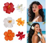 6 Pcs Hawaiian Flower Hair Clips for Women, Plumeria Hibiscus Hair Clip Artificial Flower Clips 3.5 Inch Floral Hair Barrettes for Summer Vacation Beach Party Girls Holiday Gifts (White, Red, Orange)