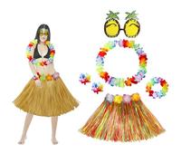 6 Pcs Hawaiian Hula Skirt Costume Set, Hawaiian Leis Dancer Dress, Hula Grass Skirt Lei Luau Garland Pineapple Glasses Necklace for Adults Kids Fancy Dress Summer Beach Tropical Party Decor (Colored)