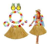 6 Pcs Hawaiian Hula Skirt Costume Set, Hawaiian Leis Dancer Dress, Hula Grass Skirt Lei Luau Garland Pineapple Glasses Necklace for Adults Kids Fancy Dress Summer Beach Tropical Party Decor (grass)