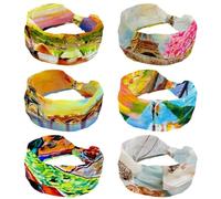6 PCS Headbands for Women Girls, Wide Headband, Oil Painting Eiffel Tower Knotted Cross Turban Head Band, Non Slip Hairband for Yoga Workout Running