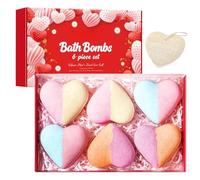 6 Pcs Heart-Shaped Bath Bombs Gift Set with Loofah, Volcanic Mud & Dead Sea Salt for Exfoliating & Moisturizing, Floral Scented Spa Fizzies for Relaxation, Suitable for Sensitive Skin