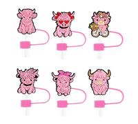 6 Pcs Highland Cow Stanley Straw Cover 10mm Silicone Cow Straw Topper for Stanley Cup 30&40 Oz Tumblers Pink Anti-dust Straw Tip Lids Highland Cow Gifts for Women Girls