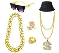 6 PCS Hip Hop Costume Set, 80s 90s Fancy Dress Rapper Hip Hop Jewelry Accessories, Fake Gold Chain, Dollar Sign Necklace Ring, Hip Hop Sunglasses for Rapper DiscoHippie Party Men Women